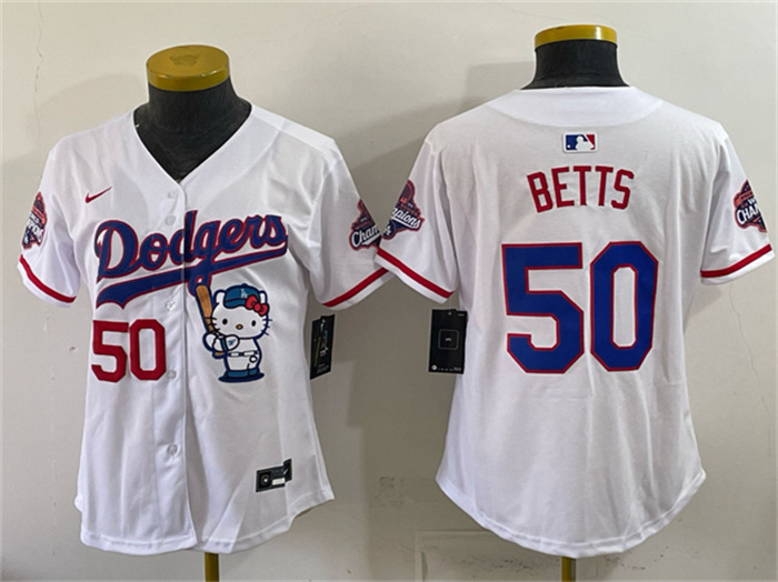Youth Los Angeles Dodgers #50 Mookie Betts White Hello Kitty Night 2025 World Series Champions Patch Stitched Baseball Jersey